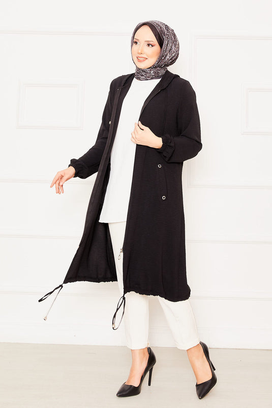 Kapüşonlu Kolları Lastikli Tesettür Kap Siyah