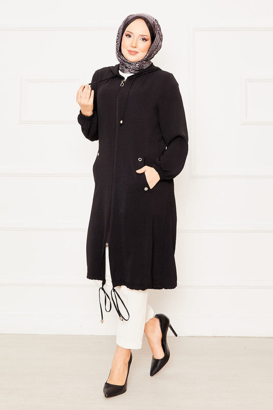 Kapüşonlu Kolları Lastikli Tesettür Kap Siyah