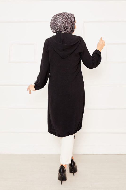 Kapüşonlu Kolları Lastikli Tesettür Kap Siyah