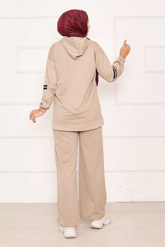 Kapüşonlu Kolu Fermuar Detaylı İkili Takım Bej