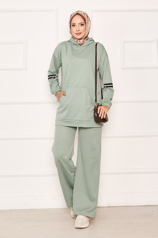 Ensemble deux pièces à capuche et manches zippées Menthe