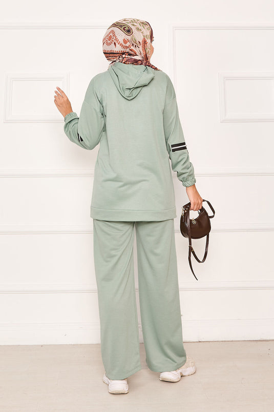 Kapüşonlu Kolu Fermuar Detaylı İkili Takım Mint
