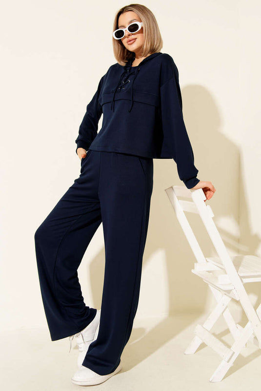 Kapüşonlu Kuş Gözü Detaylı İkili Takım Lacivert