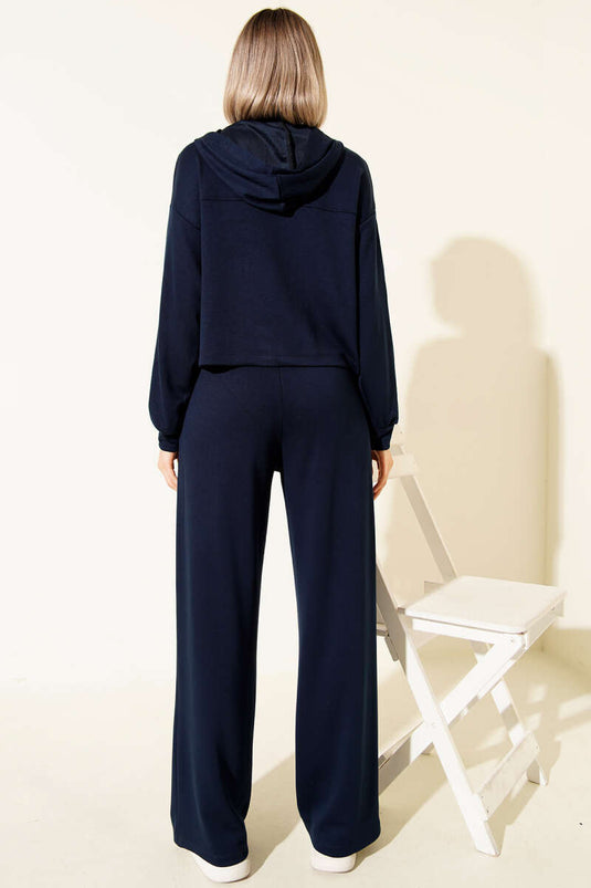 Kapüşonlu Kuş Gözü Detaylı İkili Takım Lacivert