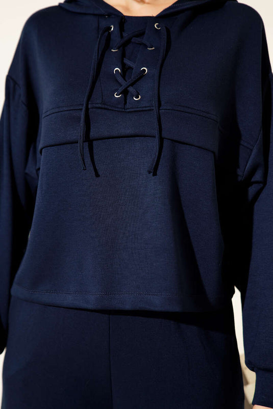 Hooded Two-Piece Set with Eyelet Detail, Navy Blue