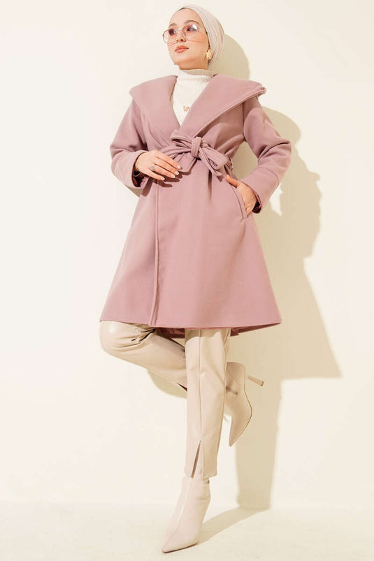 Kapüşonlu Kuşak Detaylı Kaşe Kaban Pudra