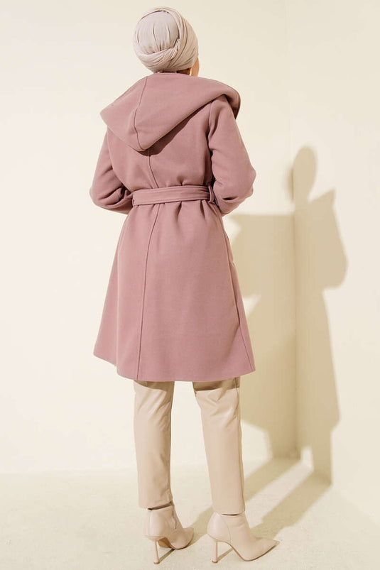 Kapüşonlu Kuşak Detaylı Kaşe Kaban Pudra
