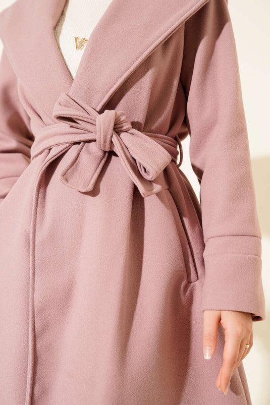 Kapüşonlu Kuşak Detaylı Kaşe Kaban Pudra