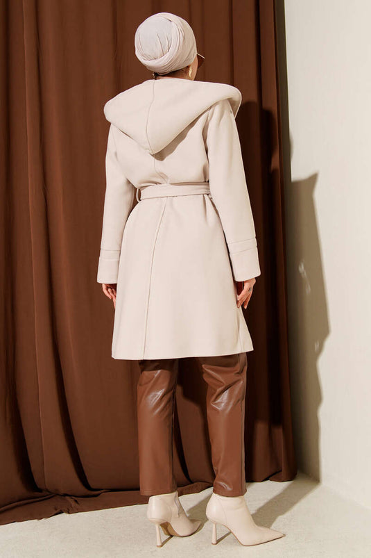 Hooded, Belted, Detailed Kaşe Overcoat Stone