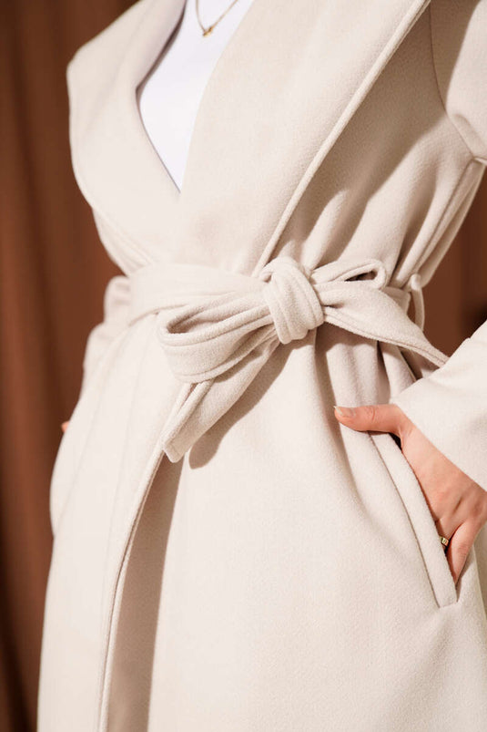 Hooded, Belted, Detailed Kaşe Overcoat Stone