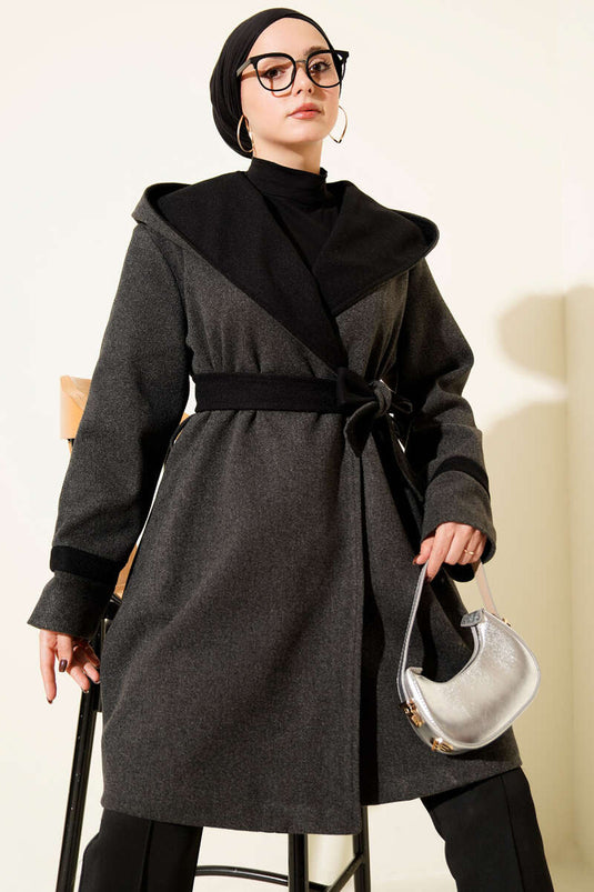 معطف كشمير بغطاء رأس وحزام، لون أنثراسيت