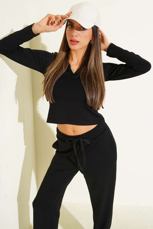 Hooded Loisha Two-Piece Set, Black