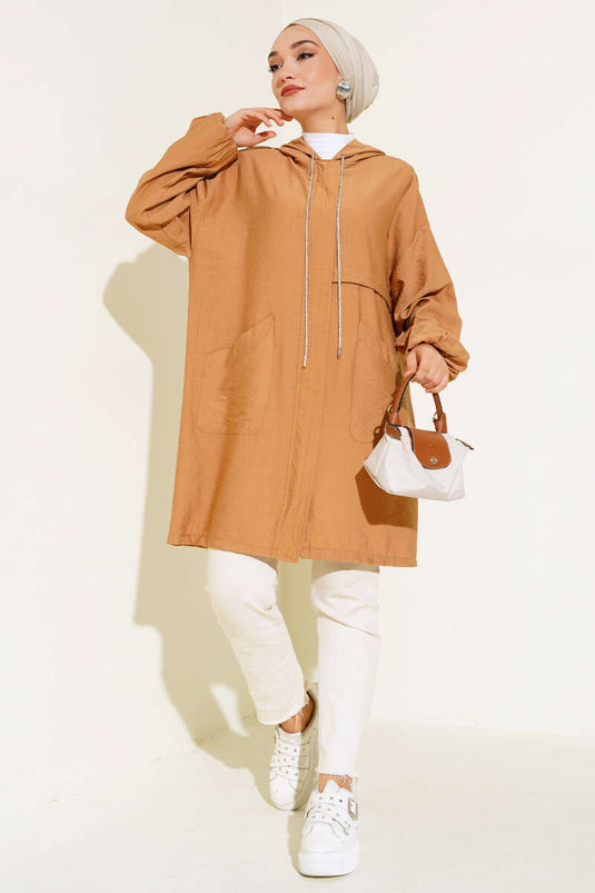 Hooded Pocket Front Camel Coat