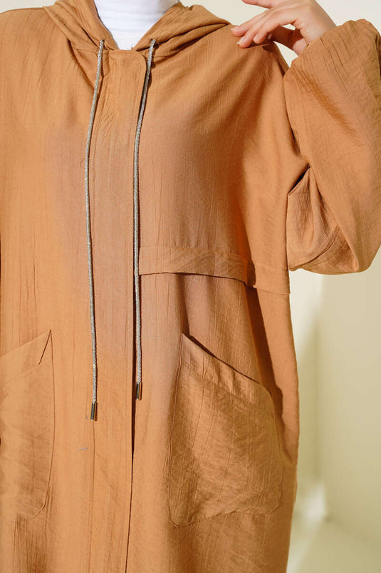 Kapüşonlu Önü Cepli Kap Camel