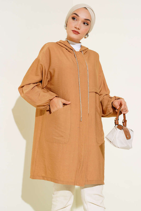 Hooded Pocket Front Camel Coat