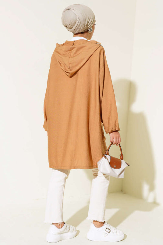 Kapüşonlu Önü Cepli Kap Camel