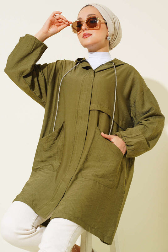 Hooded Front Pocket Coat Khaki