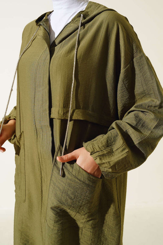 Hooded Front Pocket Coat Khaki