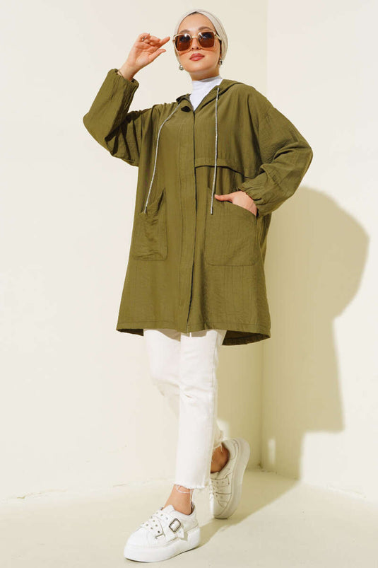 Hooded Front Pocket Coat Khaki