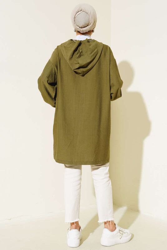 Hooded Front Pocket Coat Khaki