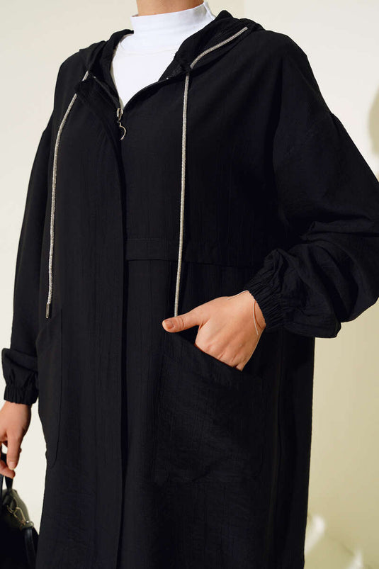 Kapüşonlu Önü Cepli Kap Siyah