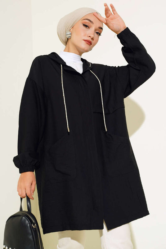Kapüşonlu Önü Cepli Kap Siyah