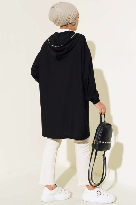 Kapüşonlu Önü Cepli Kap Siyah