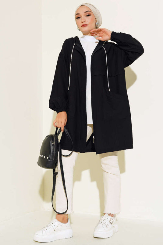 Kapüşonlu Önü Cepli Kap Siyah