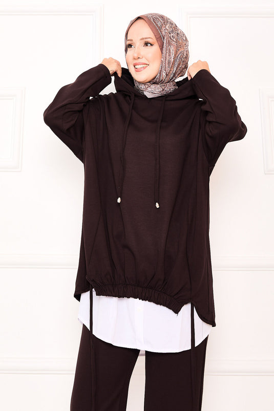 بدلة أويسو بنية اللون مع غطاء رأس مطاطي أمامي