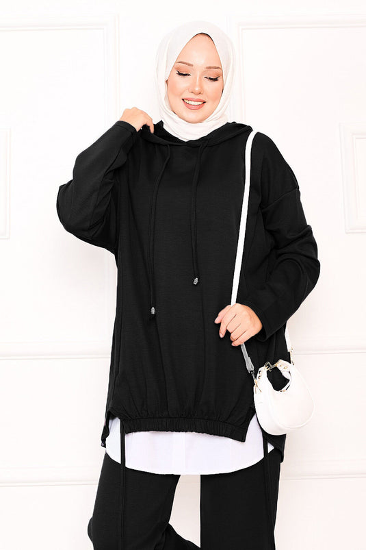 طقم أويشو بغطاء رأس وتفاصيل مطاطية أمامية باللون الأسود