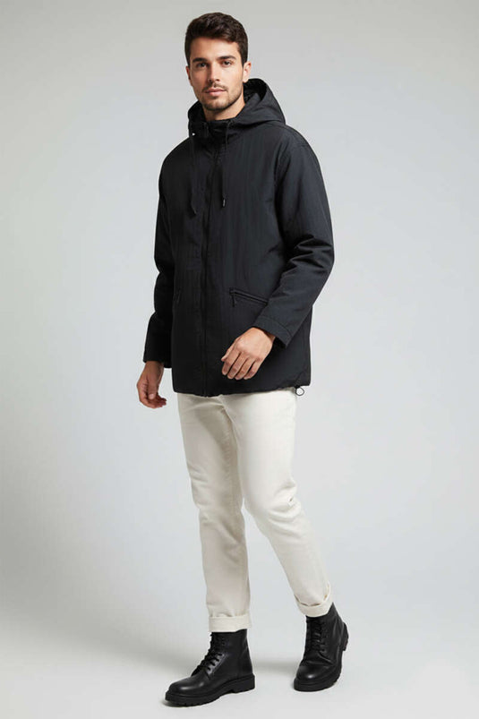 Kapüşonlu Oversize Erkek Mont Siyah