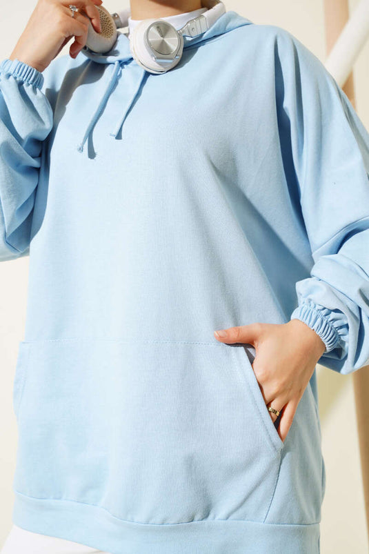 Kapüşonlu Oversize Sweat Buz Mavisi