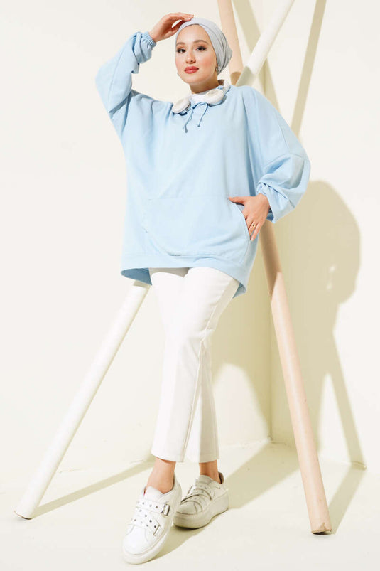 سويت شيرت بغطاء للرأس ومقاس كبير، أزرق جليدي