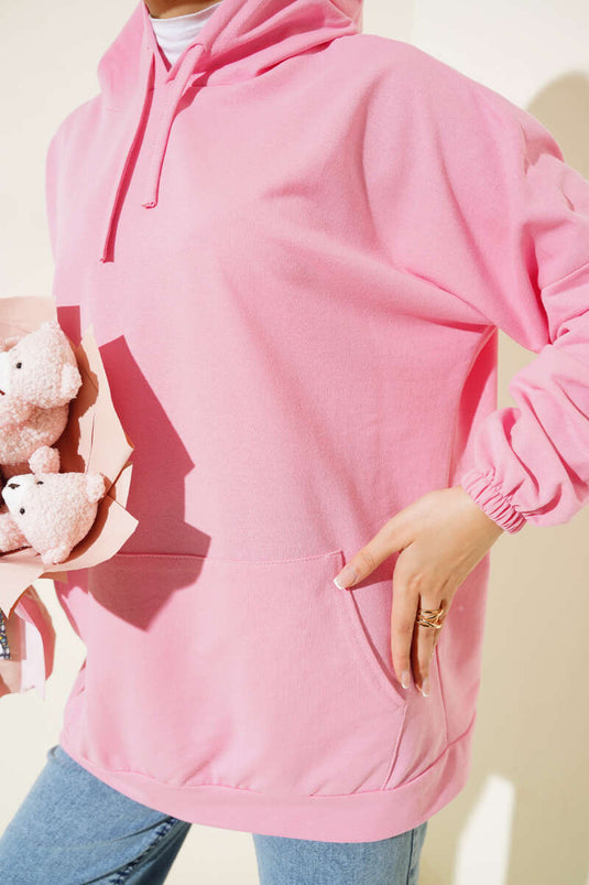 سويت شيرت وردي بغطاء للرأس ومقاس كبير