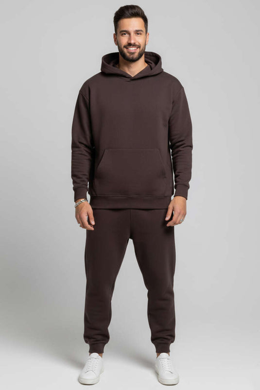 Hooded Cuffed Elastic Waistband Sweat Suit Brown