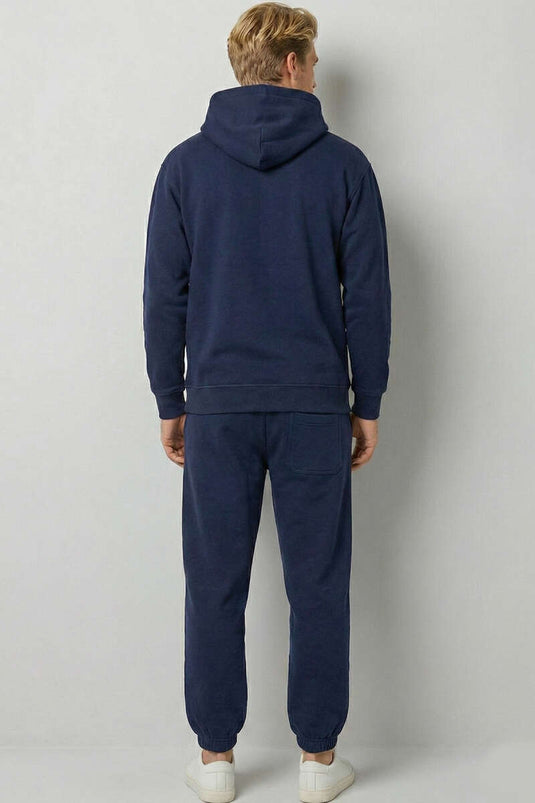 Hooded Cuff Elastic Waistband Sweat Suit Navy Blue