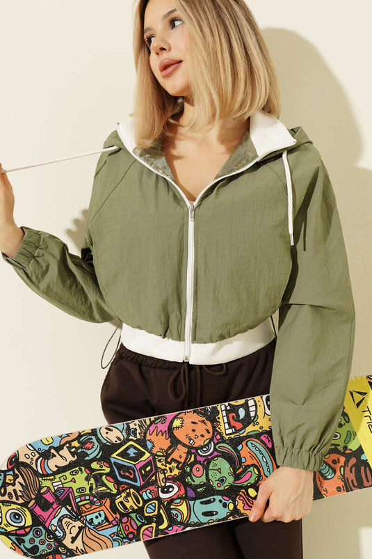 Kapüşonlu Paraşüt Crop Ceket Haki