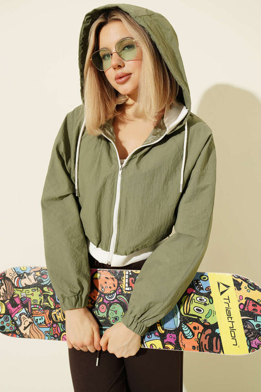 Kapüşonlu Paraşüt Crop Ceket Haki