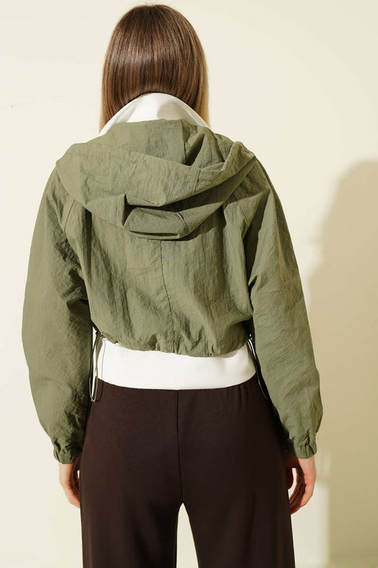 Kapüşonlu Paraşüt Crop Ceket Haki