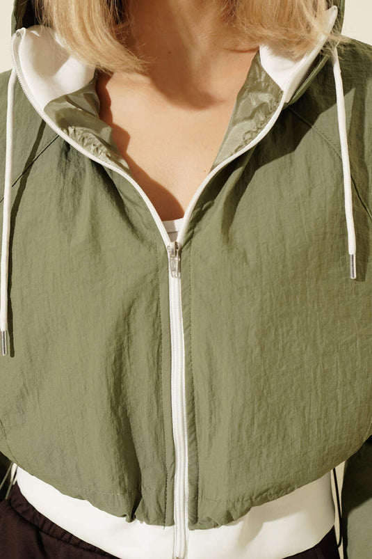 Kapüşonlu Paraşüt Crop Ceket Haki