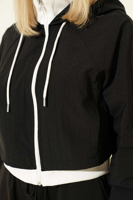 Kapüşonlu Paraşüt Crop Ceket Siyah