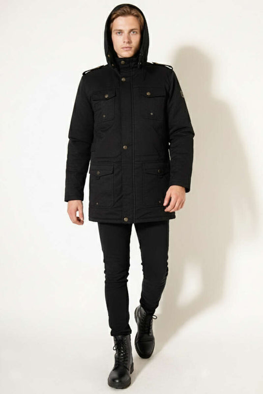 Parka para hombre con capucha, forrada de felpa, negra