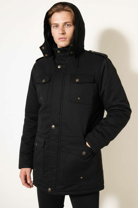 Parka para hombre con capucha, forrada de felpa, negra