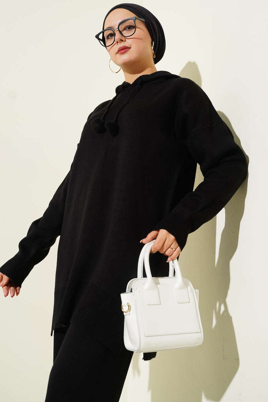 Hooded Pompom Knitwear Two Piece Set Black