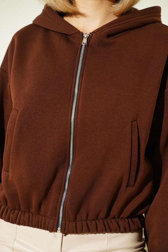 كارديجان قصير من الصوف بغطاء للرأس، بني