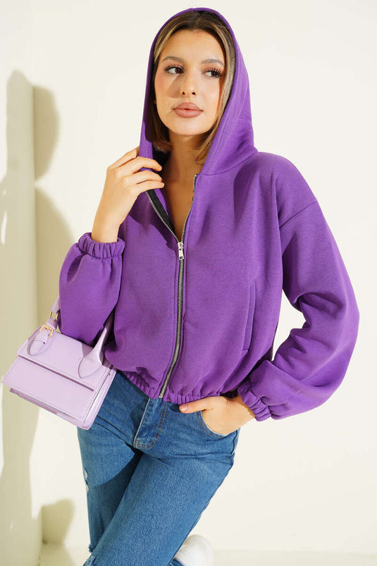 كارديجان قصير من الصوف بغطاء رأس، بنفسجي