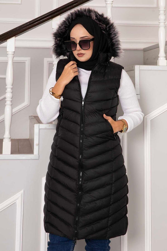 Gewatteerd vest met capuchon, zwart