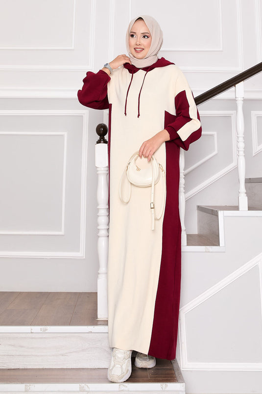 Robe de sport à capuche en maille bordeaux-écru