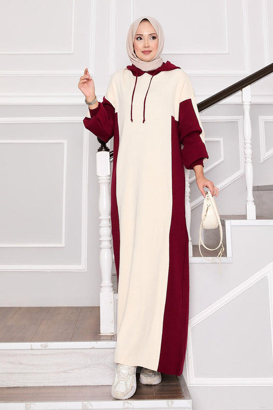 Robe de sport à capuche en maille bordeaux-écru