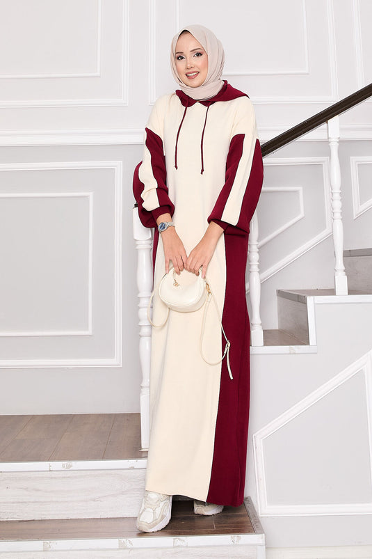 Robe de sport à capuche en maille bordeaux-écru